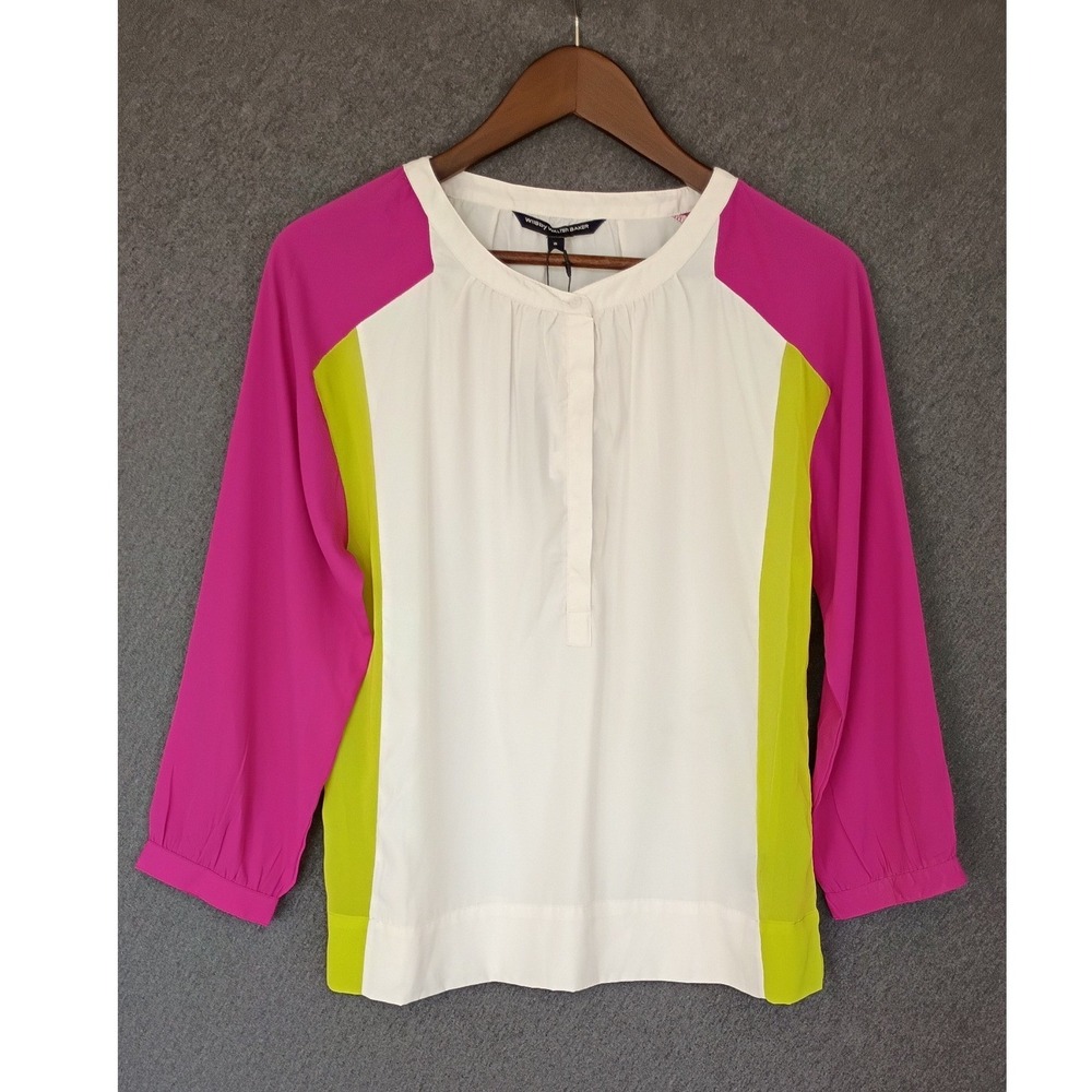 W118 by Walter Baker Top White Colorblock Popover Blouse Magenta Neon Yellow S